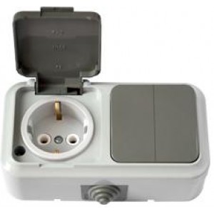 Выключатель двухклавишный + розетка с заземлением брызгозащищенный открытой установки 2В-РЦ-659(03) БелТИЗ 