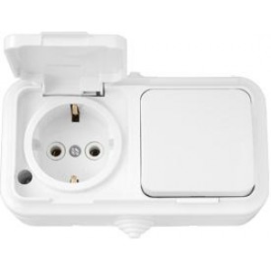 Выключатель одноклавишный + розетка с заземлением брызгозащищенный открытой установки В-РЦ-657 БелТИЗ Выключатель одноклавишный + розетка с заземлением брызгозащищенный открытой установки В-РЦ-657 БелТИЗ